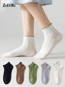 5 Pairs Women's Classic Solid Short Socks Ruffled Socks, Skin-Friendly Soft Breathable Versatile Ankle Socks, Suitable For All Seasons Daily Wear - Multicolor - View 6