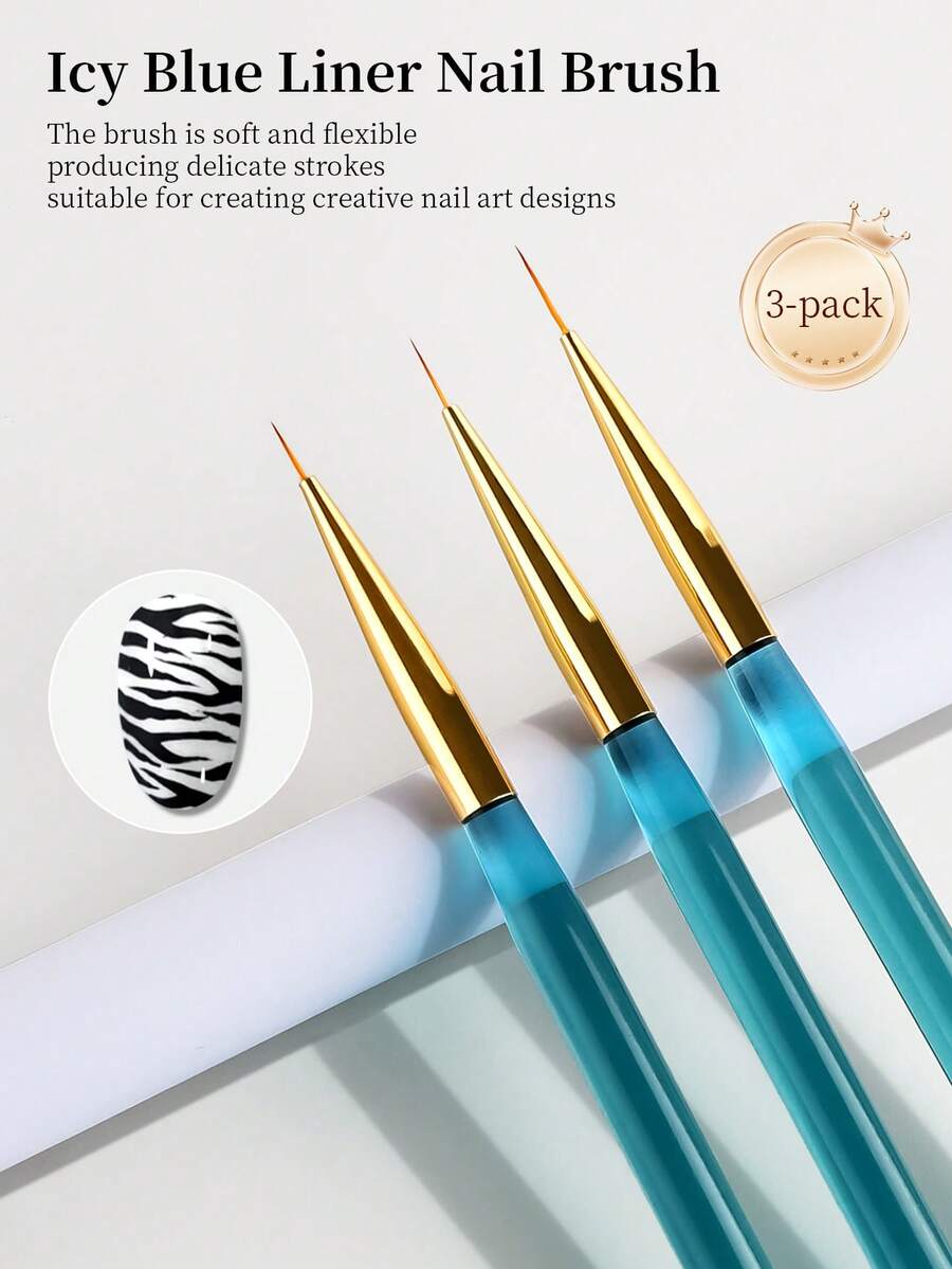 RS NAIL 3支裝美甲彩繪筆刷組，勾線刷套組，7mm/9mm/11mm 美甲繪圖工具，細尖頭，DIY美甲工具，適用長線條、細節勾勒、精細繪圖，適合初學者與專業人士 - 薄荷藍 - 查看 1