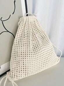 Fashionable Bohemian Crochet Backpack, Women's Woven Beach Tote Bag, Large Capacity Drawstring Bucket Bag, Foldable Women's Backpack - Multicolor - View 6
