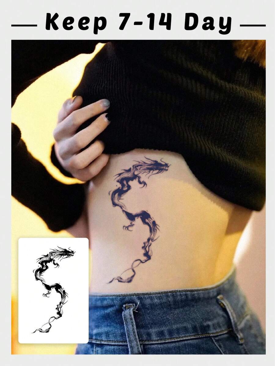 1 Pc Oriental Ink Dragon Herbal Temporary Tattoo, 7-14 Day Durable Waterproof Fake Tattoo Sticker, Traditional Chinese Style Dragon Body Decoration, Perfect For Ribcage, Streetwear & Party Occasions - Black - View 1