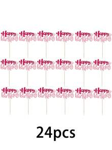 24/12/1 pieza Adornos para cupcakes de cumpleaños con brillo rosa, decoración de pastel de fiesta de cumpleaños, palillos para postres, suministros de repostería, regalos para fiestas en el hogar y cocina, adornos para postres, accesorios para fotos, accesorios para fiestas - Inserto para pastel de cumpleaños color rosa - Ver 8