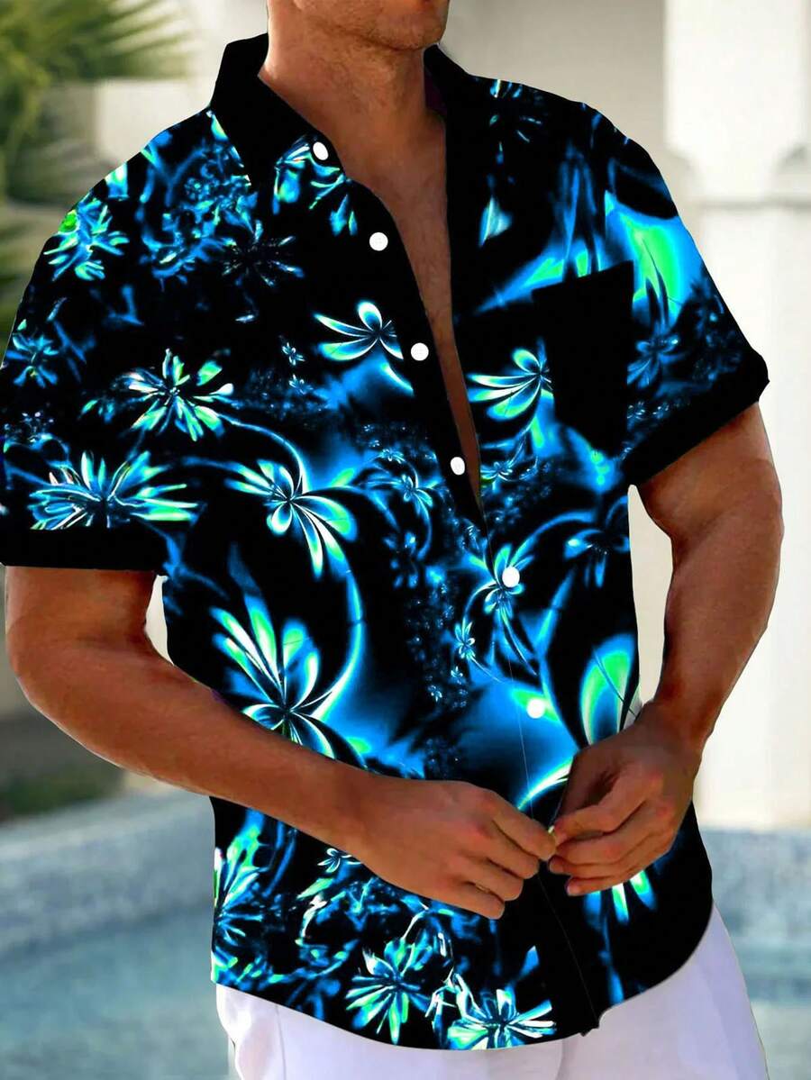 Hawaiian Gradient Floral Print Men's Button Pocket Short Sleeve Shirt - Cadet Blue - View 1