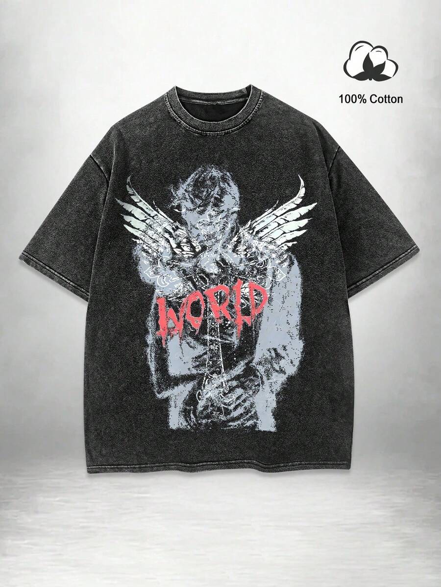festival outfit mujerVintage Distressed Aesthetic Regular Fit Casual Tops, Youthful Avant-Garde Design For Men, Spring/Summer - Schwarz - Übersicht 1