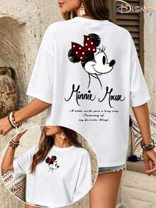 Women's Oversized White T-Shirt, Disney Minnie Mouse Double-Sided Signature Graphic Print, Crew Neck Short Sleeve Casual Tee - White - View 1