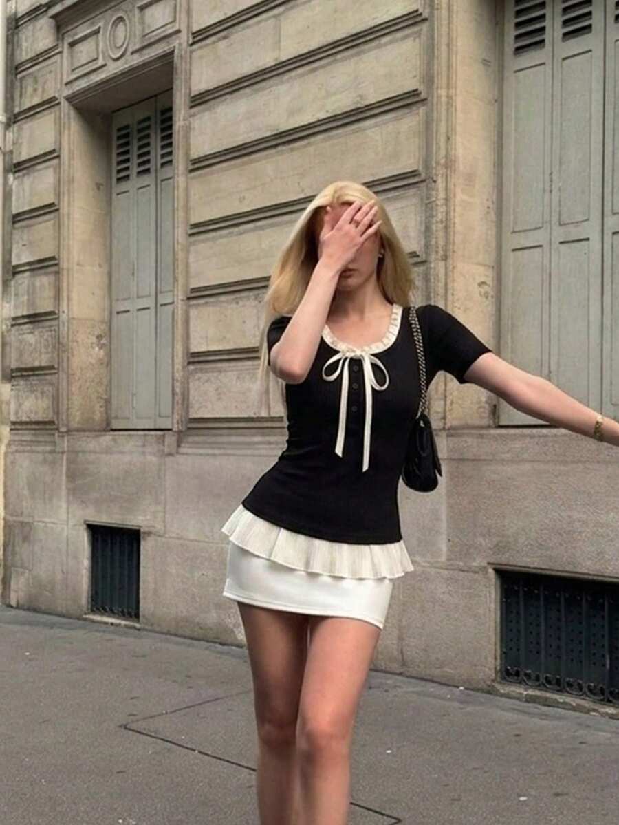 Summer Colorblock Round Neck Short Sleeve Fitted Bow Ruffle Casual Women's T-Shirt, Women's Date And Commute Outfit