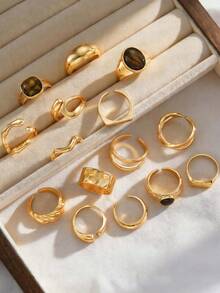 15pcs/Set Vintage Chunky Gold Stacking Ring Set Bohemian Faux Brown Stone Geometric Knuckle Rings Y2K Joint Jewelry - Gold - View 3