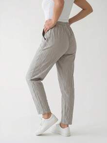 Pantalones casuales de mujer de corte holgado con cintura elástica - Beis - Ver 3