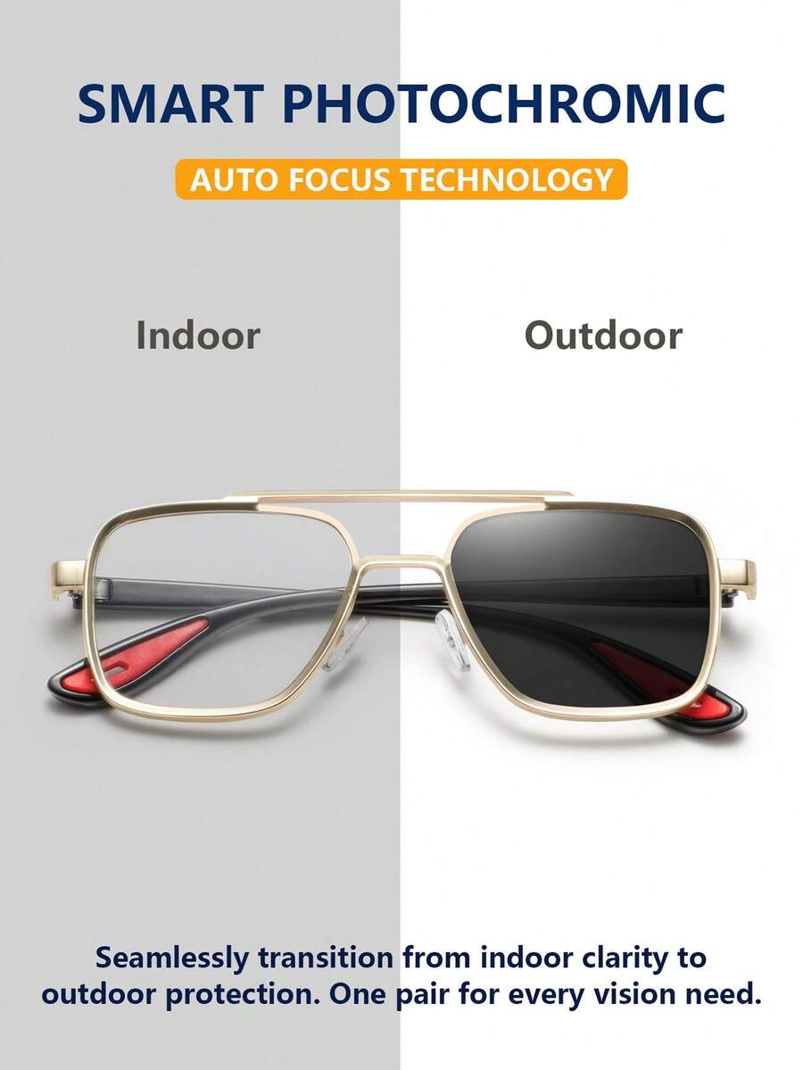 1 paire de lunettes photochromiques pour hommes, monture aviateur classique à double pont carré, style business de luxe léger personnalisé et exquis, élégant haut de gamme, lunettes à la mode pour hommes convenant aux négociations commerciales et aux inspections de projets