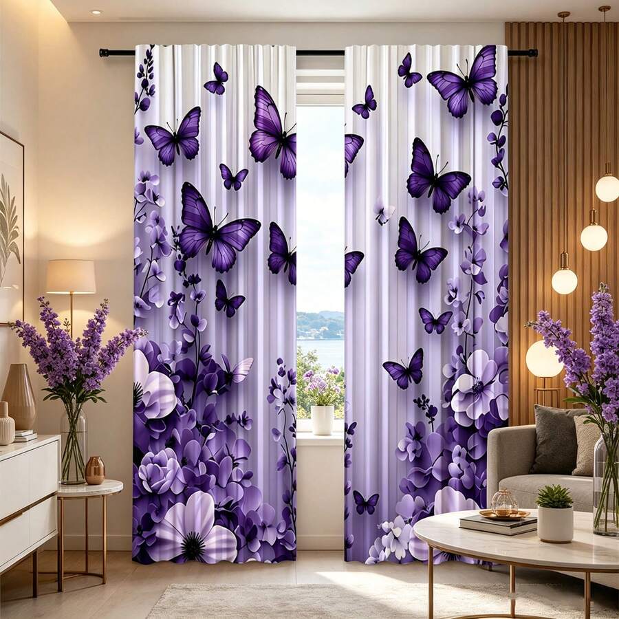 2 PIEZAS Cortinas Semitransparentes con Estampado Floral y Mariposa Púrpura. Bolsillo para Barra sin Taladro, Fácil de Instalar y Deslizar Suavemente. Tela de Poliéster, Secado Rápido, Lavable a Mano y a Máquina. Perfecto para Dormitorio, Sala de Estar, Decoración de Cocina y Divisores de Habitación.