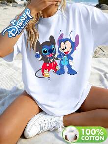 Disney's Lilo & Stitch And Mickey Mouse Print Crew Neck T-Shirt, A Cute Cartoon Character Casual Top. - trắng - Xem 1