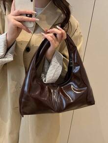 时尚复古褶皱云朵手提包，百搭休闲女士单肩包，新月形 - 咖啡 - 查看 4