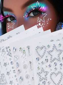 2 Peças/Pacote Adesivos de Strass Aurora Brilhante em Formato de Coração, Coração Vazado, Estrela e Múltiplas Formas, Adesivos de Cristal 3D, Adesivos de Maquiagem de Palco Prata Branco, Decoração de Maquiagem de Olhos com Glitter Sem Cola - Multicolorido - Visão 2