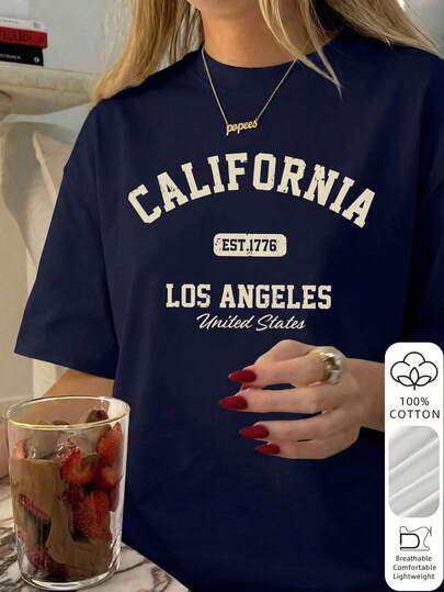 2026 Summer New Women's California Los Angeles Letter Print Pure Cotton Loose Short Sleeve T-Shirt Casual Versatile Top