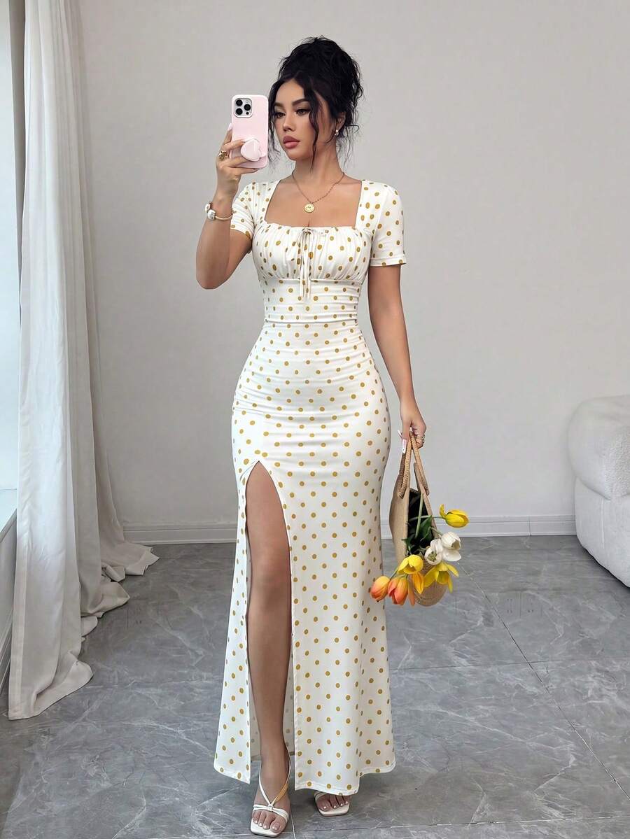 Vestido de verano de manga corta para mujer, vestido de vacaciones con estampado digital, vestido de playa y vacaciones con bajo con abertura, vestido largo con fruncido en la cint - Amarillo 2 - Ver 1