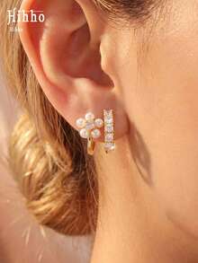 Hihho 1 Pair Gentle French Style Luxury Exquisite Pearl Flower With Zirconia C-Shaped Hook Design Pearl Flower Zirconia Stud Earrings, Elegant Jewelry For Women Suitable For Commuting And Daily Wear - Flower - View 2