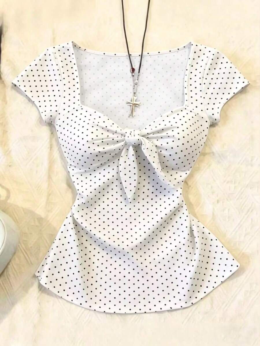 Camiseta casual y versátil de uso diario con estampado de lunares y detalle de nudo para mujer - Albaricoque - Ver 1