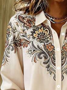 Vintage Western Print Women's Plus Size Lightweight Long Sleeve Button-Down Shirt - Apricot - View 6