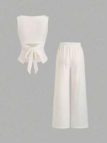 Set de 2 piezas: Blusa con cuello de barco, mangas acampanadas con volantes y pantalones acampanados, adecuado para ir a la oficina, salir, y combinar con todo - Verde Oliva - Ver 3