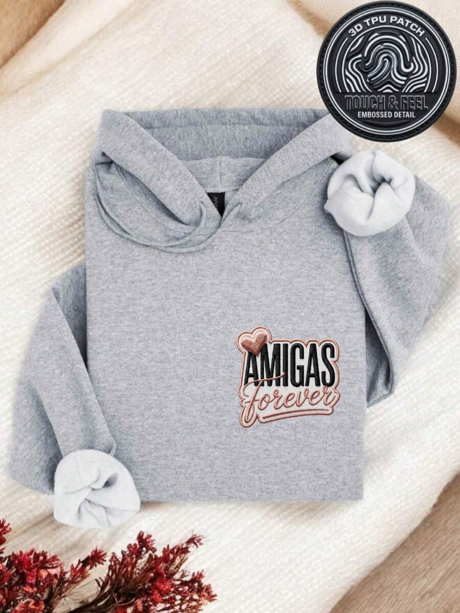 Amigas Forever 3D Patch Hoodie, Spanish Besties Hooded, BestFriend Matching Outfit, Sisterhood Long Sleeve Hoodie, Friendship Anniversary Gift. TT4820 - 3D灰色補丁 - 查看 1