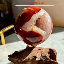 Bohemian Style - 1pc Elegant Natural Red Agate Sphere - Red Agate Quartz Ball With Geode, Suitable For Home Decor And Unique Holiday Gift, Perfect For Crystal Craft Collection - Red and White - View 2