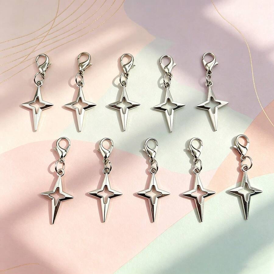 10pcs Silver Mini Star Pendant Keychain, Minimalist Cross Star Pendant, Detachable Lobster Claw Buckle Accessory - Silver - View 1