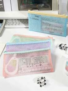 12pcs/1pc Dopamine Simple Mesh Hollow Storage Bag, Portable Makeup Bag, Brush Stationery Coin Pouch, Student Pencil Case For School & Daily Use School Supplies, School Kit - Multiple Styles - View 9