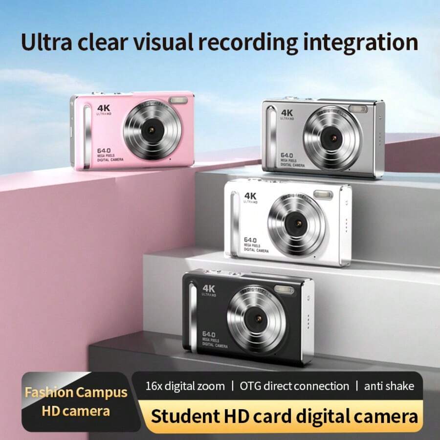 4K Ultra HD Digital Camera, 64MP Photos, 16X Digital Zoom, Anti-Shake Compact Vlogging Camera, Support OTG Connection, 1200mAh Battery, Long Playtime, Multiple Colors Available, Portable Travel Camera For Students & Content Creators - View 1