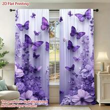 2 PIEZAS Cortinas Semitransparentes con Estampado Floral y Mariposa Púrpura. Bolsillo para Barra sin Taladro, Fácil de Instalar y Deslizar Suavemente. Tela de Poliéster, Secado Rápido, Lavable a Mano y a Máquina. Perfecto para Dormitorio, Sala de Estar, Decoración de Cocina y Divisores de Habitación. - Multicolor 1 - Ver 5