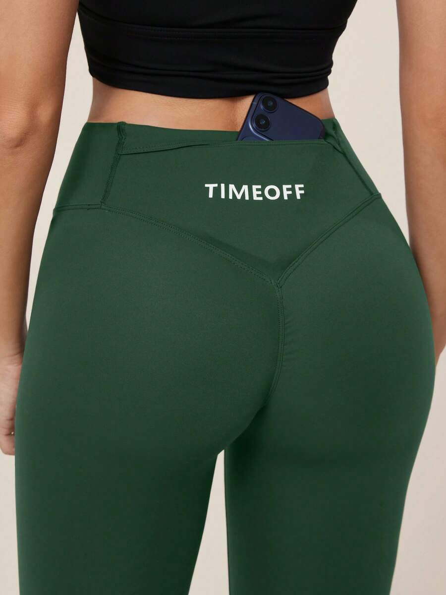 TimeOff 女款 1件 素色抓皺後腰帶口袋修身運動長褲 - 綠色 - 查看 1