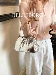 Fashionable Patent Leather Silver Elegant Metal Chain Texture Women's Handbag With Clasp Closure - Silver - View 4