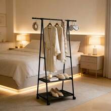Yi Youyuan Bedroom A-Frame Floor Garment Rack With Wheels, Movable Double-Layer Storage + Side Hanging Decor, Hollow Hanging Rod Storage Rack - Black - View 3