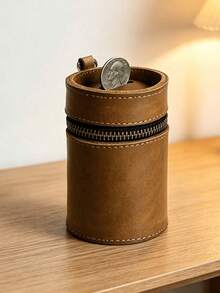 Handcrafted Genuine Leather Coin Bank, Made Of Top Grain Cowhide, Fits In Car Cup Holder, Can Be Used As Coin Purse, Coin Storage Box, Wallet Or Zipper Pouch, Full Grain Leather, Coffee Brown, Unique - Multicolor - View 2