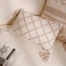 1個幾何條紋刺繡抱枕套，極簡Ins風聚酯纖維雪尼爾面料圈紗刺繡枕套，適用於客廳臥室沙發汽車枕頭更換套，居家裝飾 - 米色網格 - 查看 5