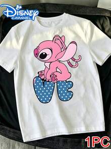 Cute "Lilo & Stitch" Couple's Short-Sleeve T-Shirt: Red "LOVE" Letter Print Versatile Casual T-Shirt,Family Matching Outfit,Disney Couple Outfits - 白色1 - 查看 2