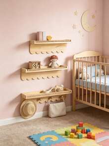 Wavy Edge Beaded Wooden Floating Wall Shelf With Hooks, Cute Baby Room Display & Storage Rack For Baby Books, Toys, Clothes And Decor - Multicolor - View 10