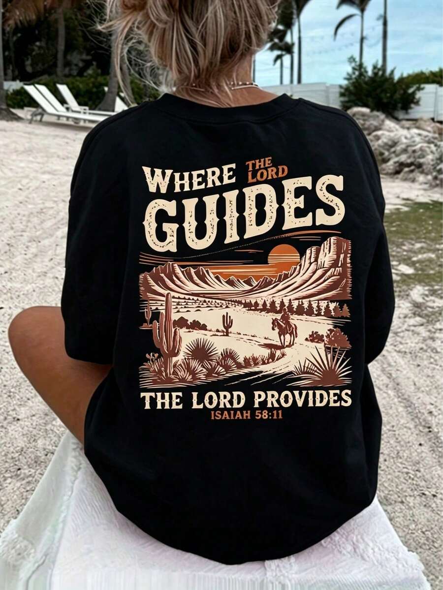 Women's Crew Neck T-Shirt, Comfortable, Colorful With Western Christian Print, Casual Short Sleeve Vacation Blouse, Women's Clothing - Women's Vacation Sets - 黑色 - 查看 1