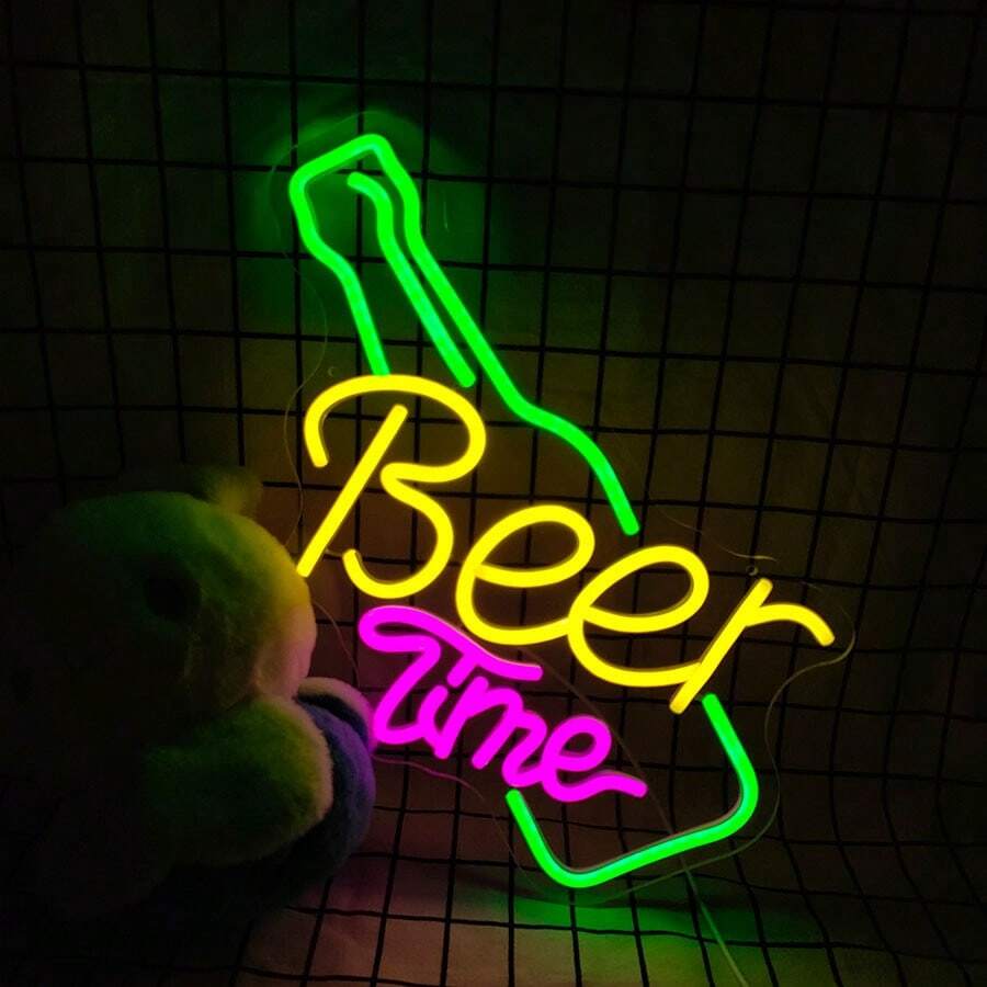 1 pieza Luz de neón Beer Time, luz de pared de neón LED, decoración de pared para el hogar, luz de neón para ambiente de bar, fiesta, regalo de cumpleaños, bajo voltaje, accesorio de pegatina de vidrio, base irrompible, sin calor
