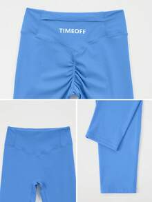 TimeOff 女款 1件 素色抓皺後腰帶口袋修身運動長褲 - 藍色 - 查看 4
