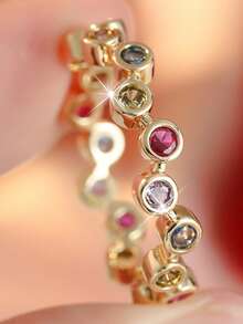 Anillo creativo vintage asimétrico con incrustaciones de circonita sintética multicolor, anillo redondo con motas arcoíris, anillo de cóctel, accesorio de joyería exquisito para fiesta de vacaciones - color - Ver 9