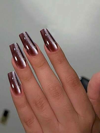 24pcs Brown Cool Cat Eye Press-On Nails, With Subtle Shimmer, More Exquisite Under Light Changes, Includes 1pc Jelly Glue And 1pc Nail File