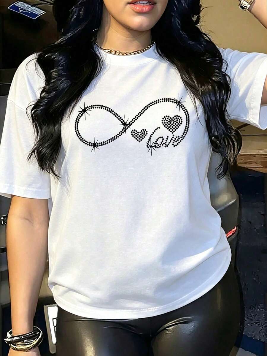 Women's Clothing Casual Knit T-Shirt For Women, Short Sleeve, Round Neck With Bright Infinity Print, Loose Fit With Dropped Shoulders, Style St Women's Shirts - 白色的 - 查看 1