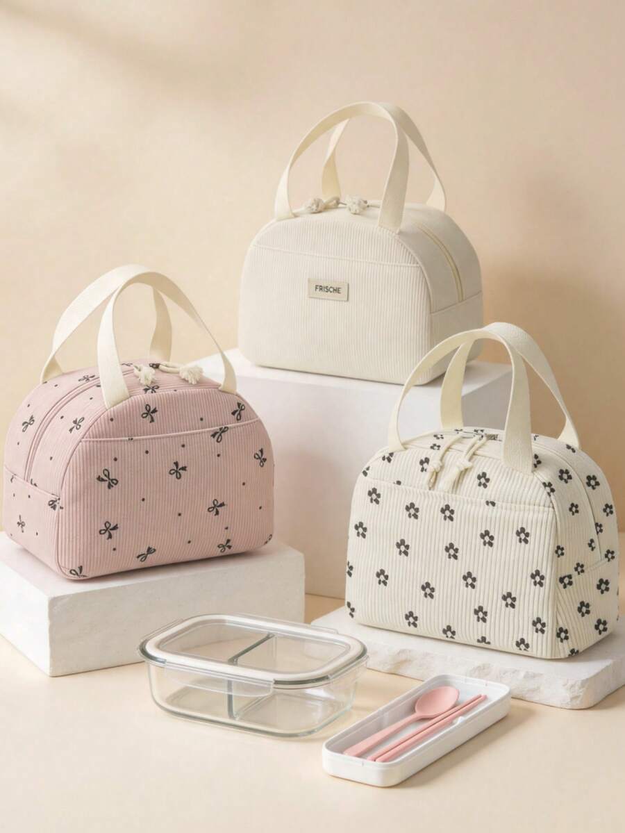 Pink Bow Corduroy Insulated Lunch Bag, Portable Insulated Bento Bag, Thickened Cute Student Lunch Fruit Bag Multifunctional Floral Pattern Lunch Bag | Women's Lunch Box | Campus & Travel Insulated Bag | Waterproof Insulated Lunch Bag | Unisex | Suitable For Picnic, School And As A Women's Gift | Camping Essential - Multicolor - View 1