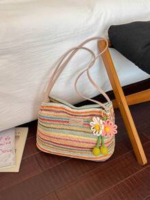 Nuevo bolso de hombro de paja con rayas de contraste coloridas estilo vacaciones de verano para mujer, con lindo dije de margarita, bolso de playa casual, bolso de axila tejido con rayas col - Multicolor - Ver 2