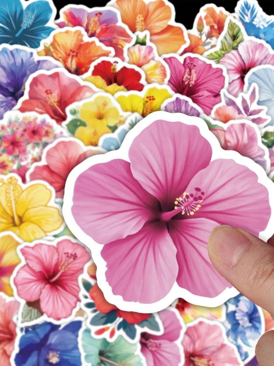 50Pcs Watercolor Tropical Hibiscus Flower Stickers, Vibrant Multicolor Hawaiian Floral Decals For Water Bottle, Laptop, Luggage & Junk Journal DIY Decor - Multicolor - View 1
