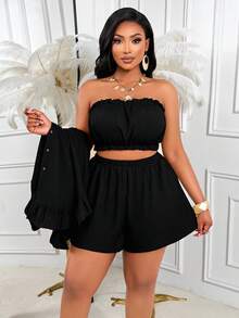 AIJ Plus Size Women's Casual Set, Ruffle Hem Button Front Shirt Collar Top Elegant Summer Black - Black - View 5