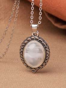 1pc Gold Sandstone Imitation Gemstone Resin Pendant Necklace, Versatile Style For All Seasons, Multiple Colors Available - White - View 5
