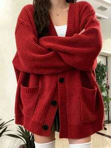 女款時尚針織開襟毛衣 秋冬款 [尺寸偏大，請小一號購買] 休閒紅色 - 紅色 - 查看 2