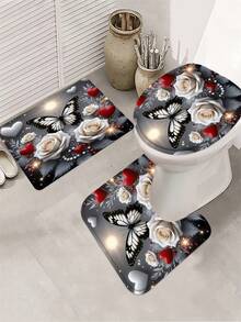 1/3/4pcs Aesthetic Butterfly Rose Decor Shower Curtain Bathroom Set, Luxury Elegant Waterproof Durable Bathroom Decor & Accessories, Includes 12 Hooks - Toilet Lid Cover, Bath Mat And Rug, Polyester Fabric - Washable - Suitable For Holiday Decor, Home/Bedroom/Residence/Western/Summer Decor - Gold Gray - View 7