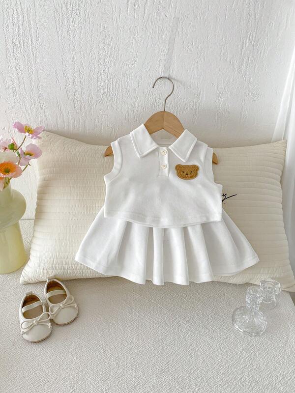 2pcs/Set Pakaian Sekolah Anak Perempuan Balita, Set Atasan Polo Tank Top Kartun Gaya Kampus + Rok Lipit, Seragam Sekolah Anak yang Lucu