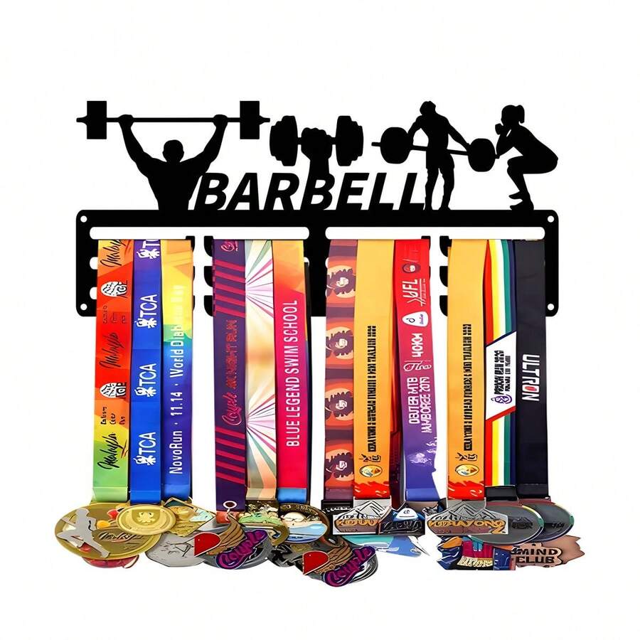 1PC Barbell Weightlifting Gold Silver Bronze Medal Display Rack, Metal Wall Decor Storage Rack, Suitable For Sports Awards, Weatherproof Display For Collectibles, Perfect For Sports Enthusiasts And Athletes, Indoor And Outdoor Display, Ideal Gift For Sports Fans And Champions - Black - View 1